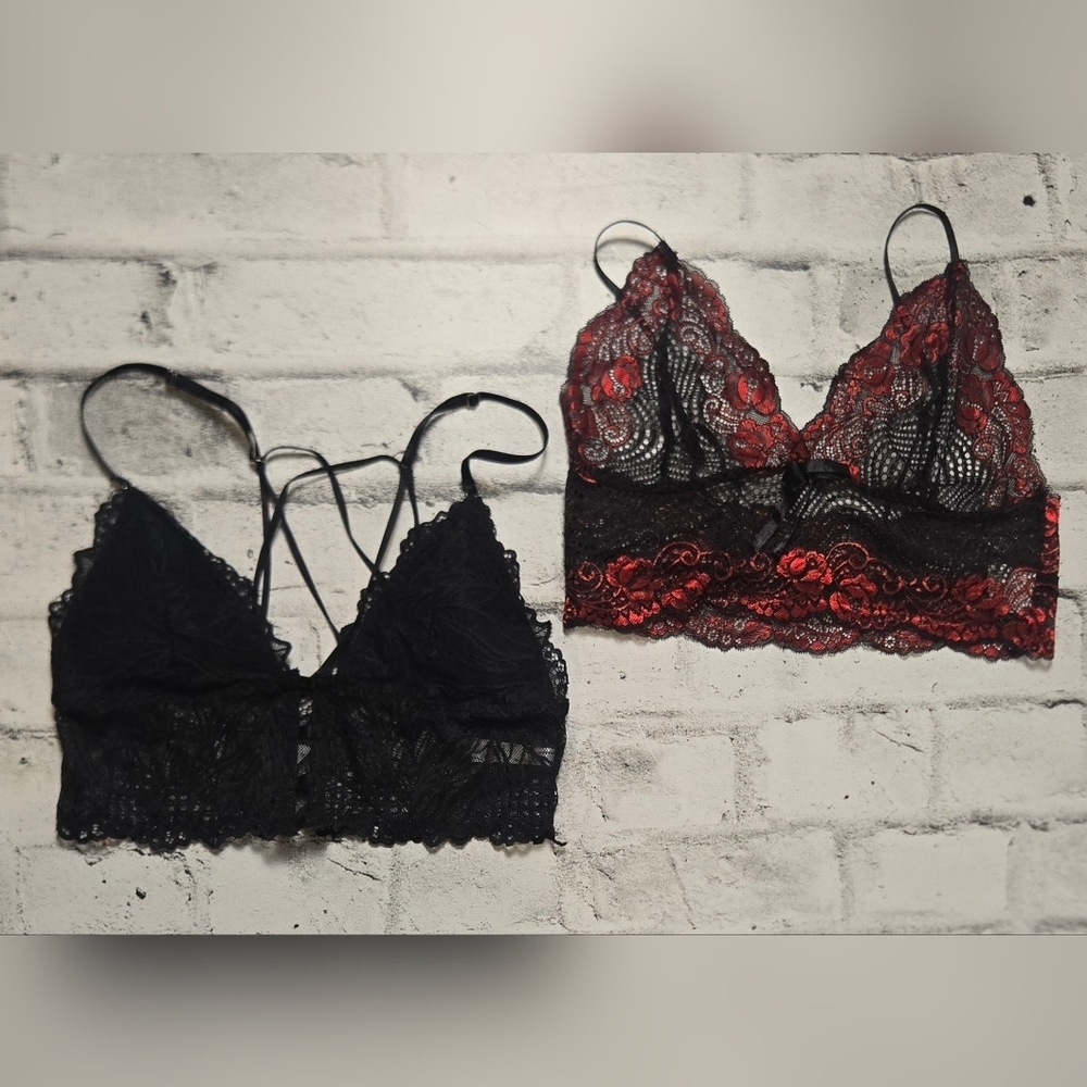 Lace Bralette Bundle M Rose & Vine Black Red Set - Picture 2 of 13